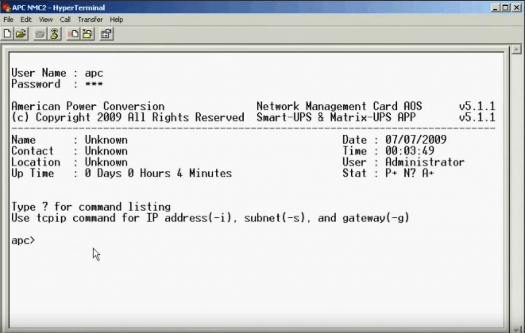Setting Network Management Card UPS APC Menggunakan Hyperterminal (6)