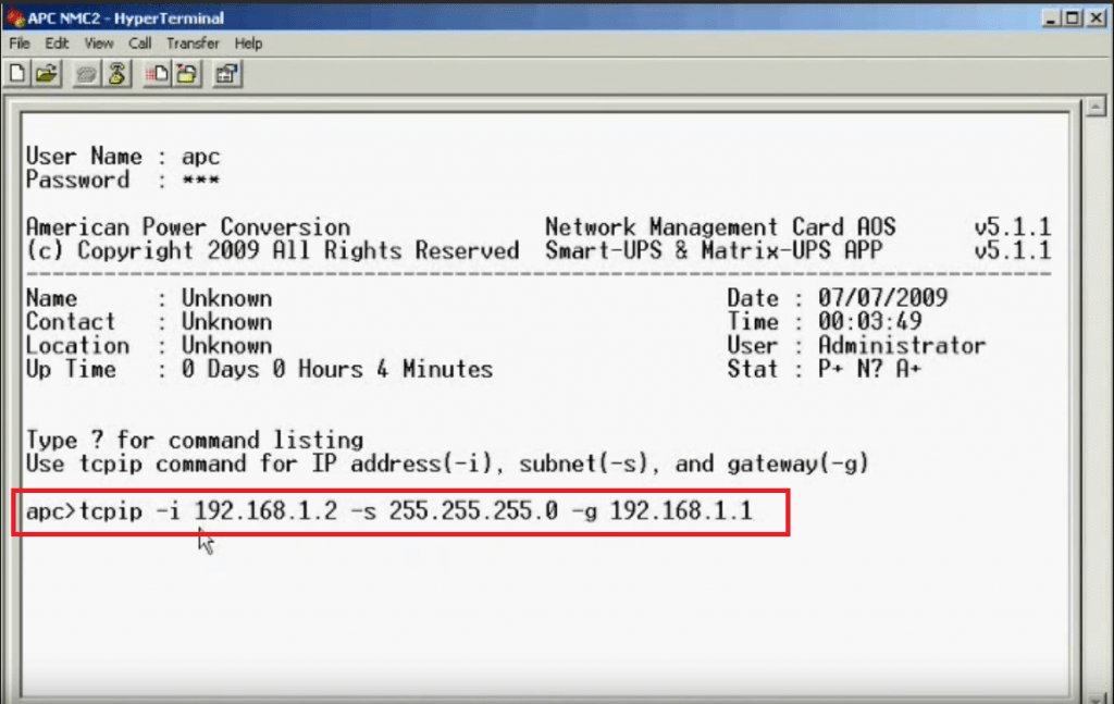 Setting Network Management Card UPS APC Menggunakan Hyperterminal (7)