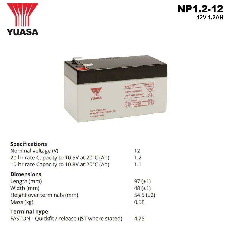 Spesifikasi Baterai Yuasa 12V 1.2AH - NP1.2-12