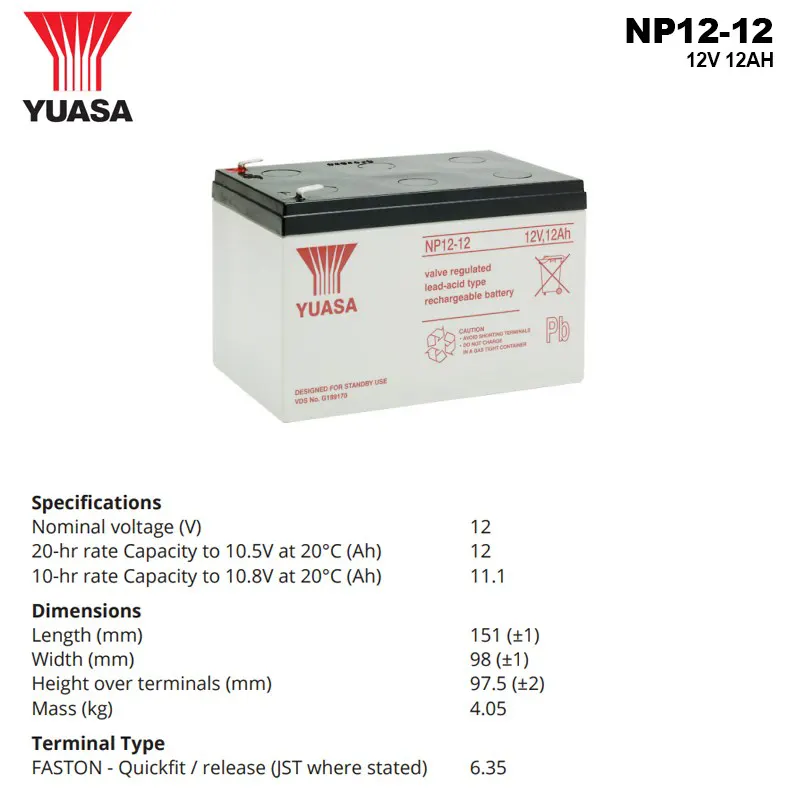 Spesifikasi Baterai Yuasa 12V 12AH - NP12-12