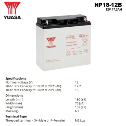 Spesifikasi Baterai Yuasa 12V 17.2AH - NP18-12B