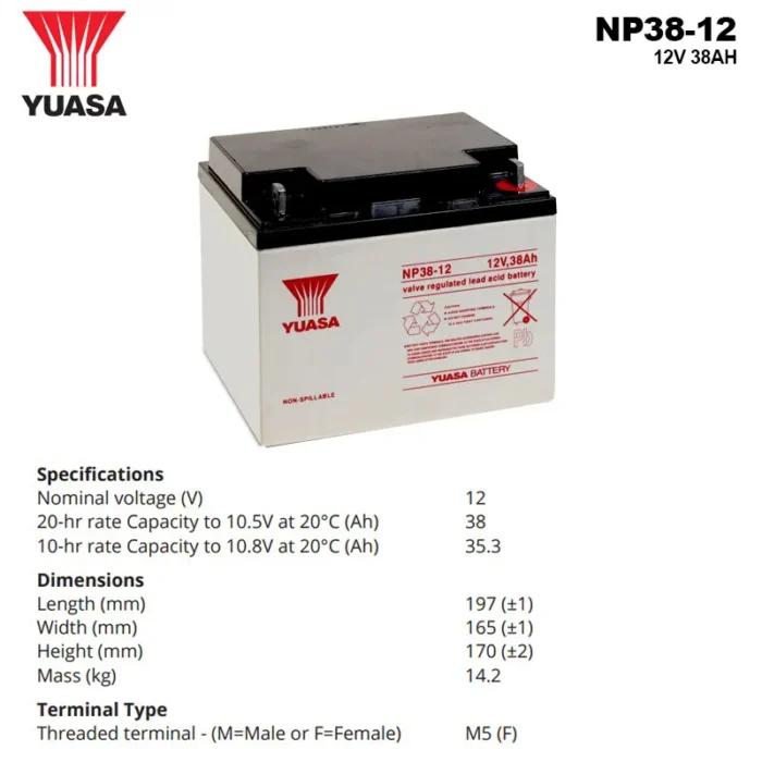Spesifikasi Baterai Yuasa 12V 38AH - NP38-12