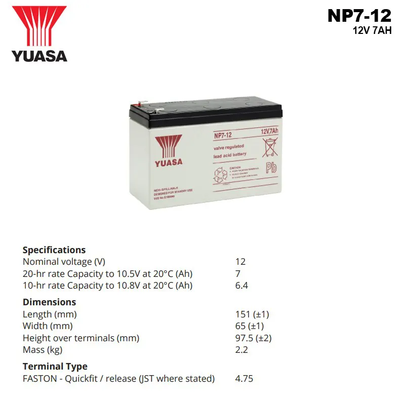 Spesifikasi Baterai Yuasa 12V 7AH - NP7-12