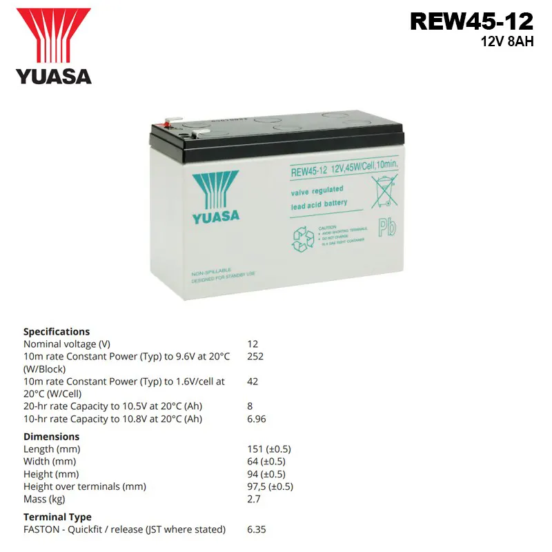Spesifikasi Baterai Yuasa 12V 8AH - REW45-12