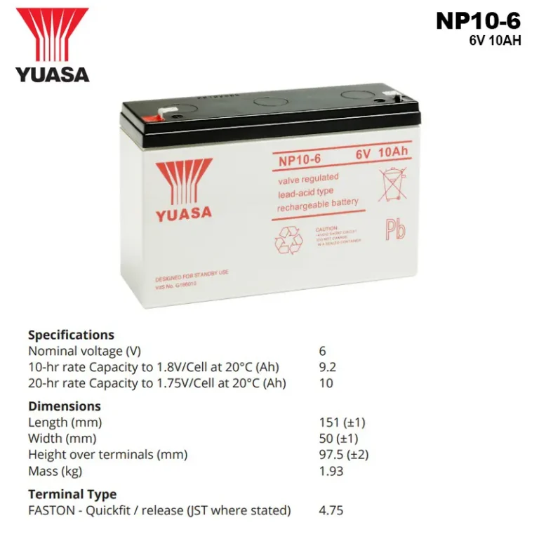 Spesifikasi Baterai Yuasa 6V 10AH - NP10-6