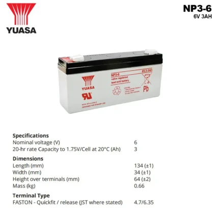 Spesifikasi Baterai Yuasa 6V 3AH - NP3-6