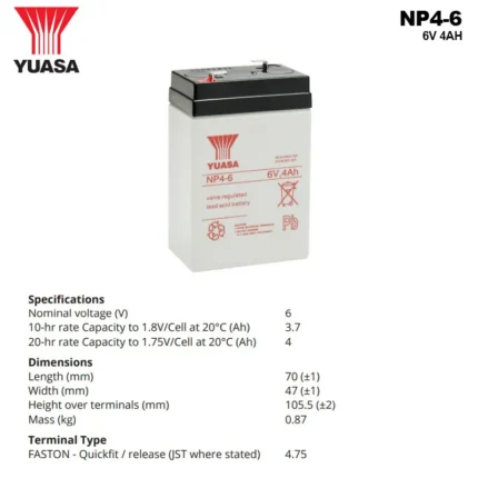 Spesifikasi Baterai Yuasa 6V 4AH - NP4-6