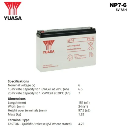 Spesifikasi Baterai Yuasa 6V 7AH - NP7-6