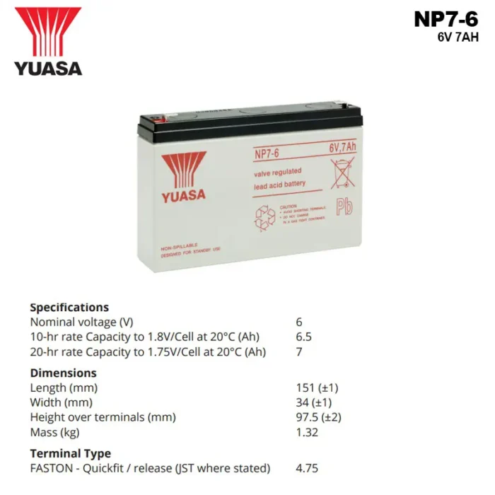 Spesifikasi Baterai Yuasa 6V 7AH - NP7-6