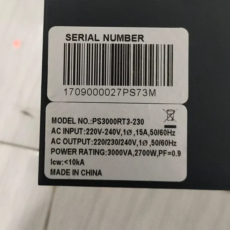 Foto label serial number dan tipe UPS Liebert Emerson PS3000RT3-230