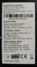 Label Tipe Inverter Solar Charger Fintech VM IV 5.6KW