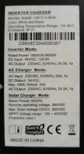 Label Tipe Inverter Solar Charger Fintech VM IV 5.6KW