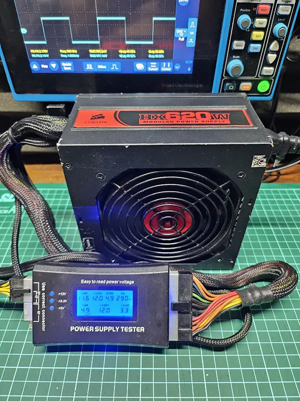 Foto Selesai Perbaikan Servis PSU Corsair HX620W Pengetesan Menggunakan PSU Tester