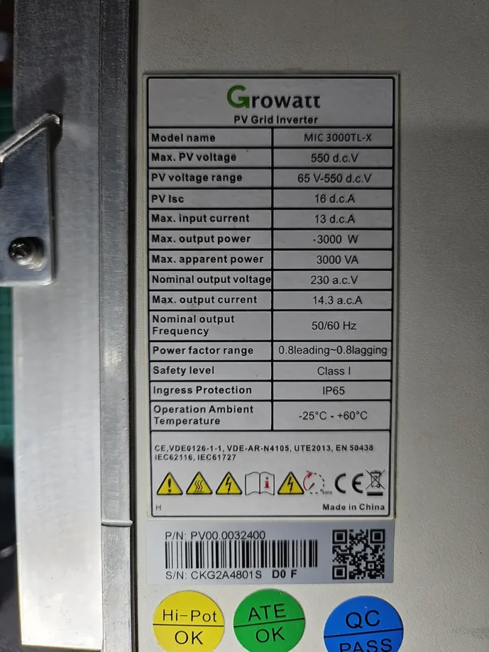 Label Serial Number Tipe Spesifikasi PV Grid Inverter Growatt MIC 3000TL-X